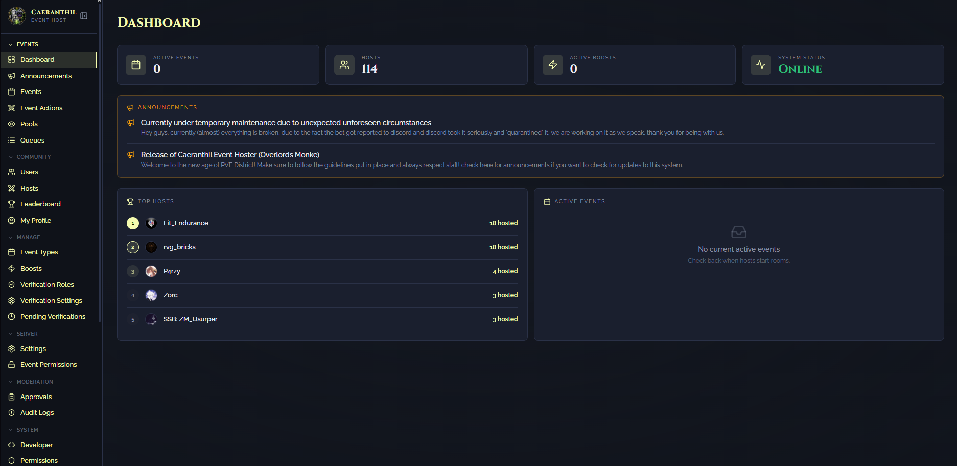 Caeranthil event management dashboard